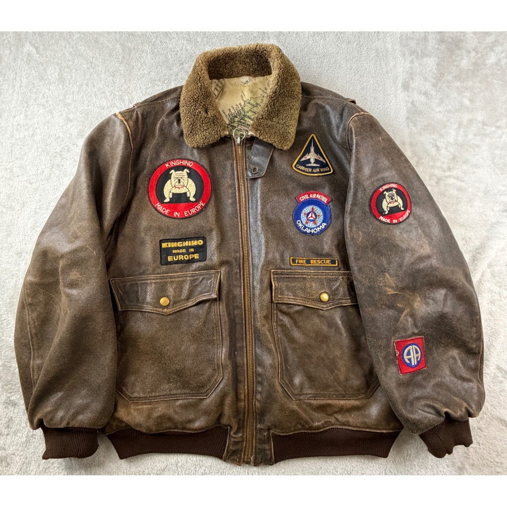 Kinghino Flight Bomber Jacket Mens XL Brown Leather Patches Map Lining